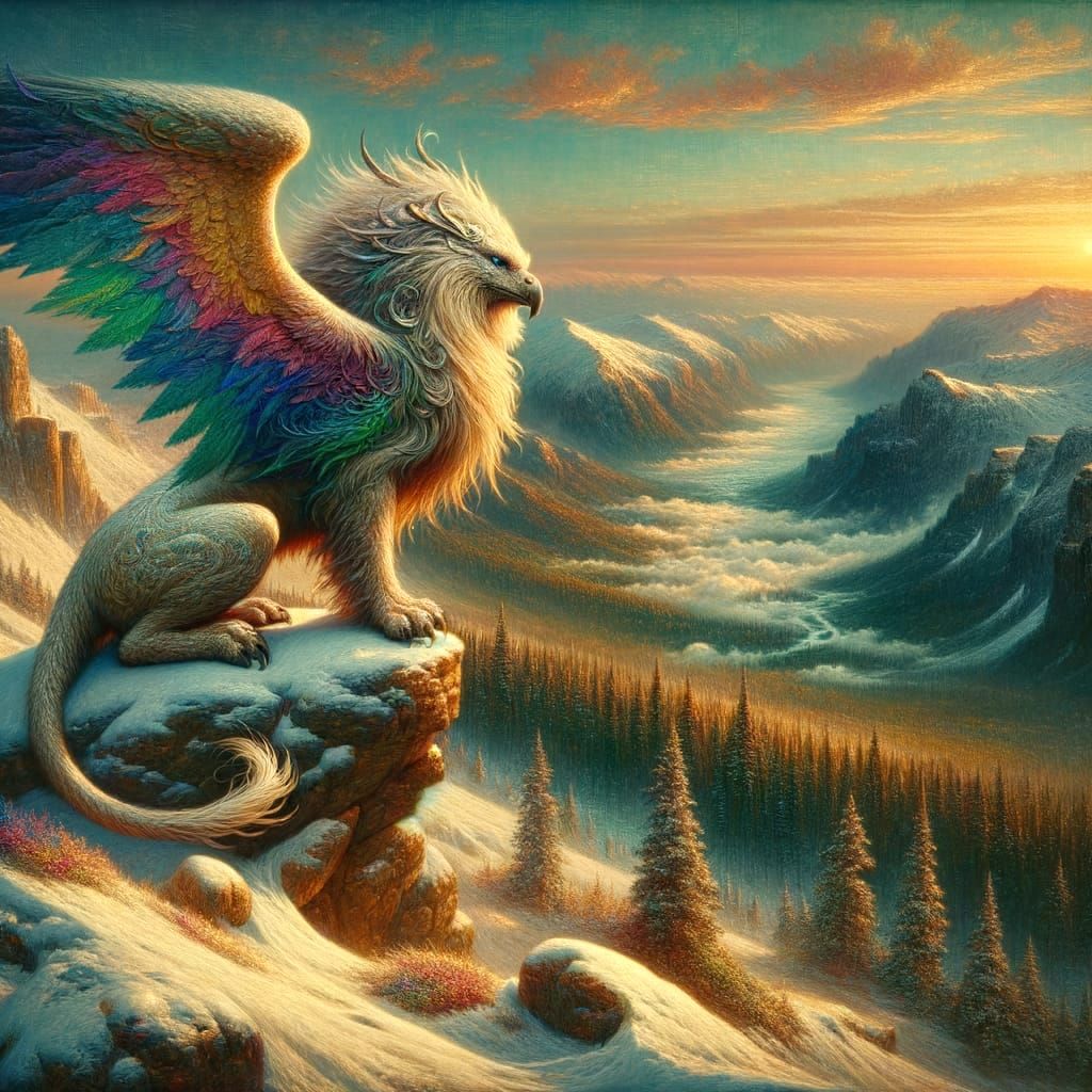 Griffin Perched on Snowy Mountain Peak at Sunset