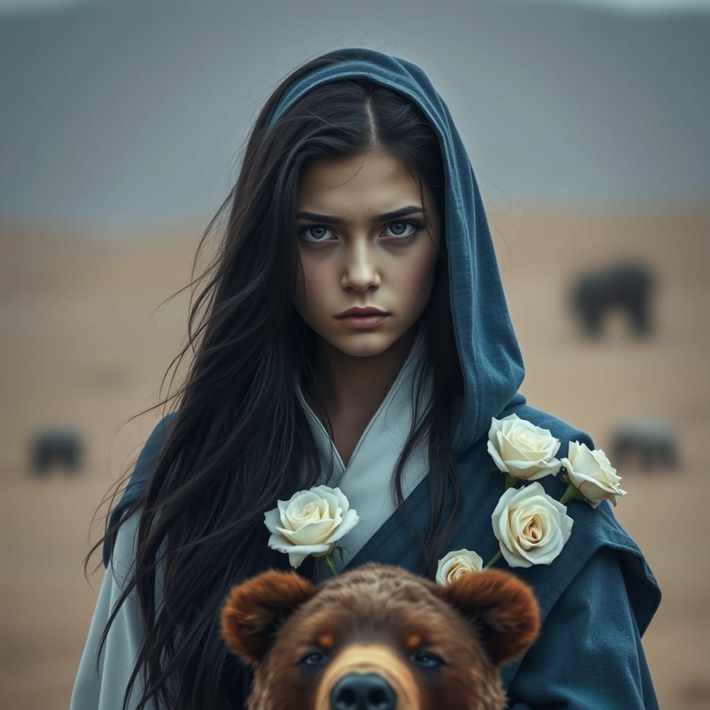 Sorrowful Princess in Desert Landscape with Bear and Roses