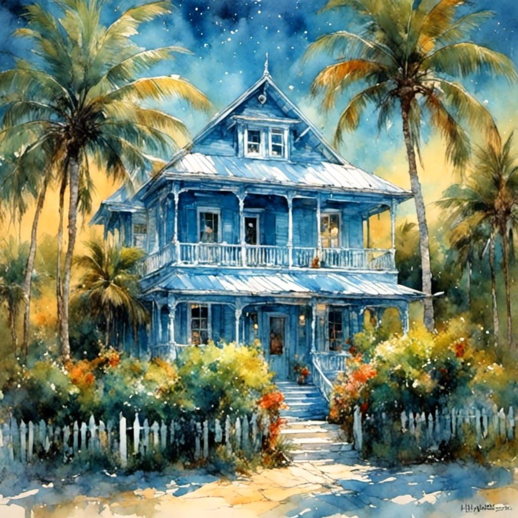 Key West Bungalow Under Starry Sky in Gouache Style