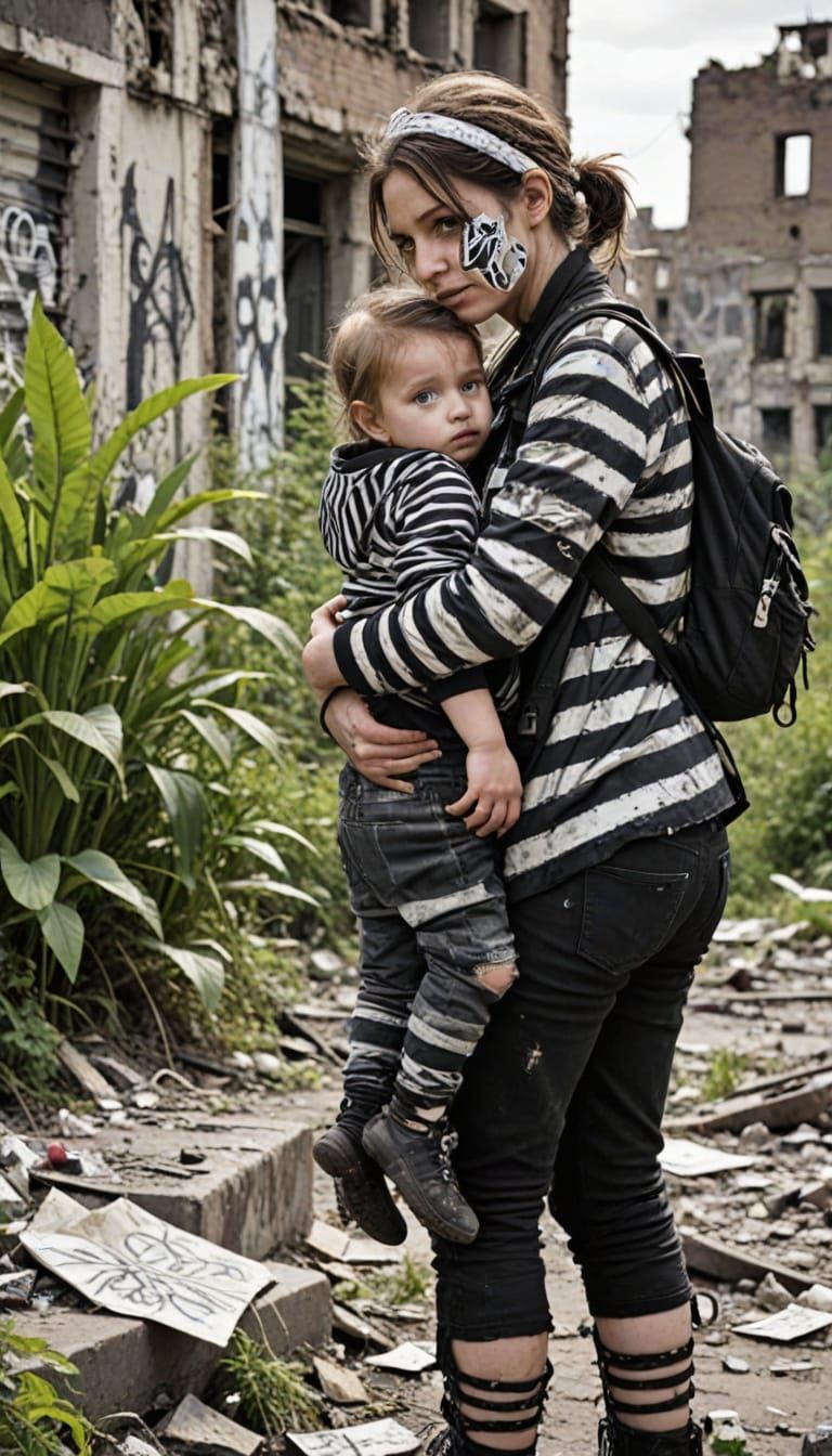 Post-Bombing Mother and Child in Dystopian Ruins