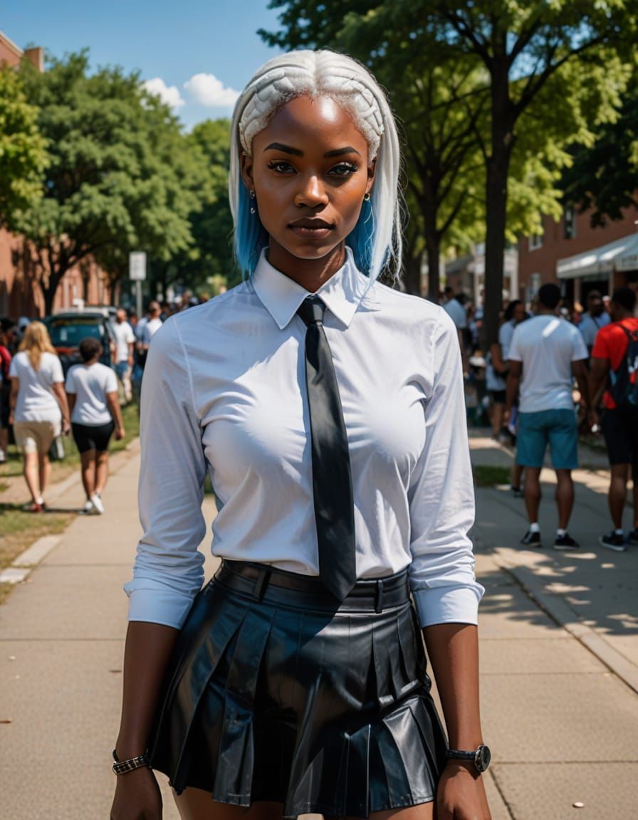Gothic College Model with White Hair and Blue Eyes