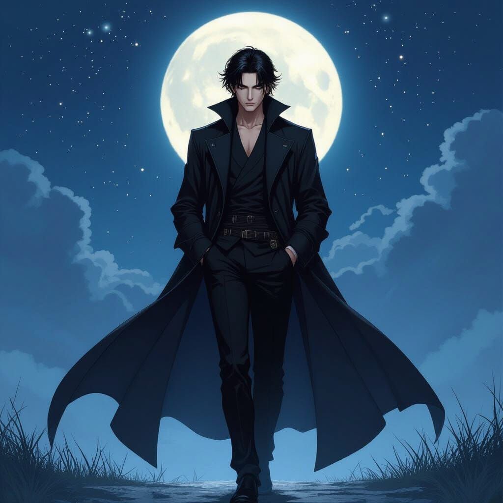 Anime Man in Moonlight: Digital Illustration