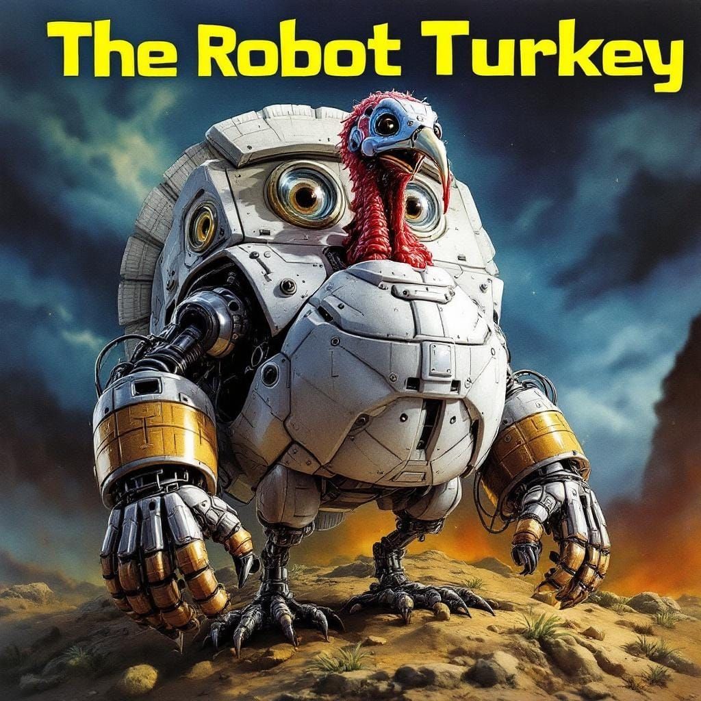 A campy bad sci-fi B-movie poster featuring a robotic turkey...