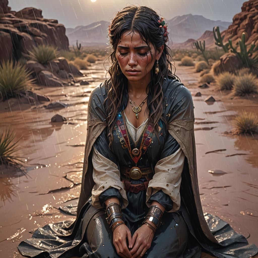 Heartbroken Figure in Desert Rain: Art Nouveau Portrait