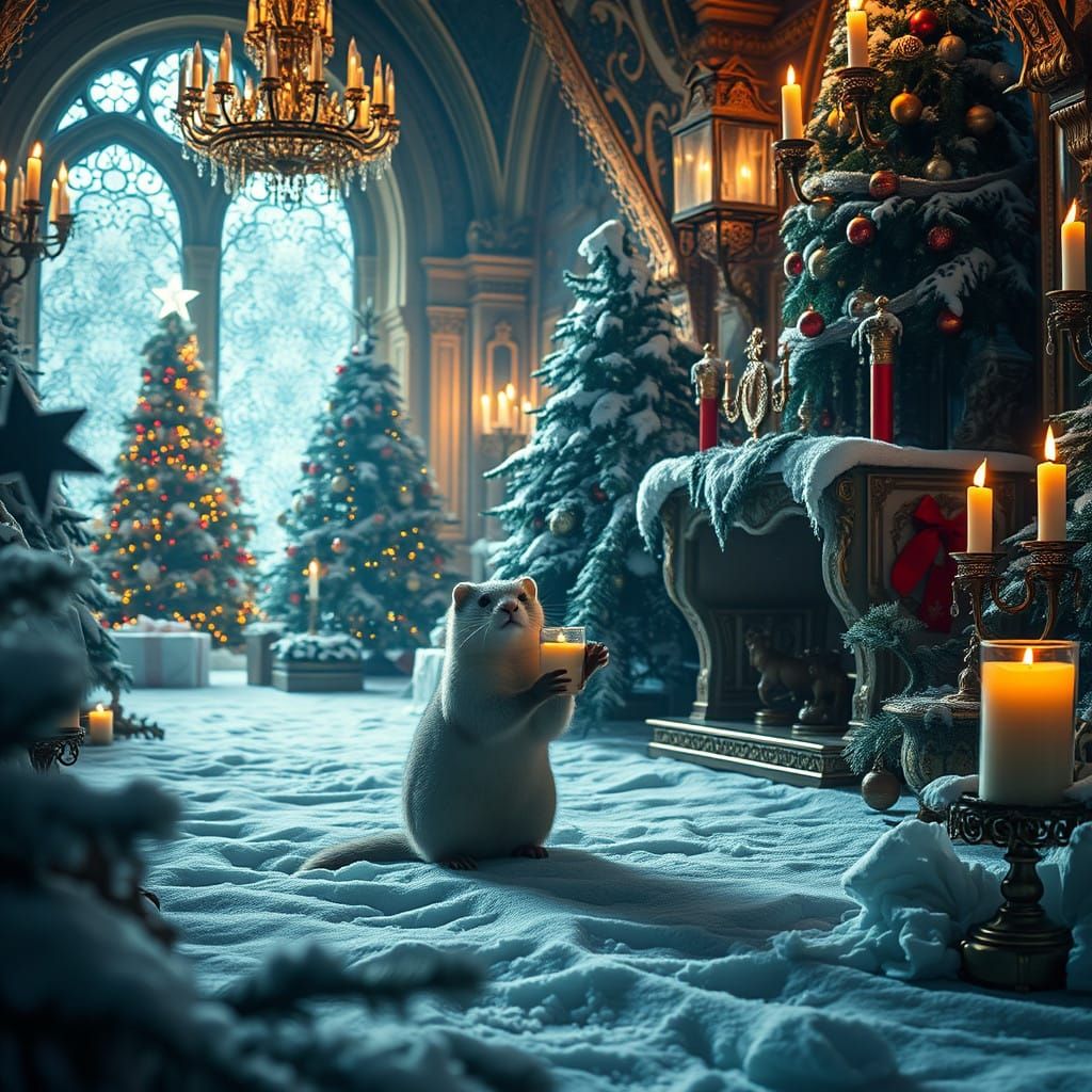 Surreal Christmas Scene with Stoat in Opulent Setting