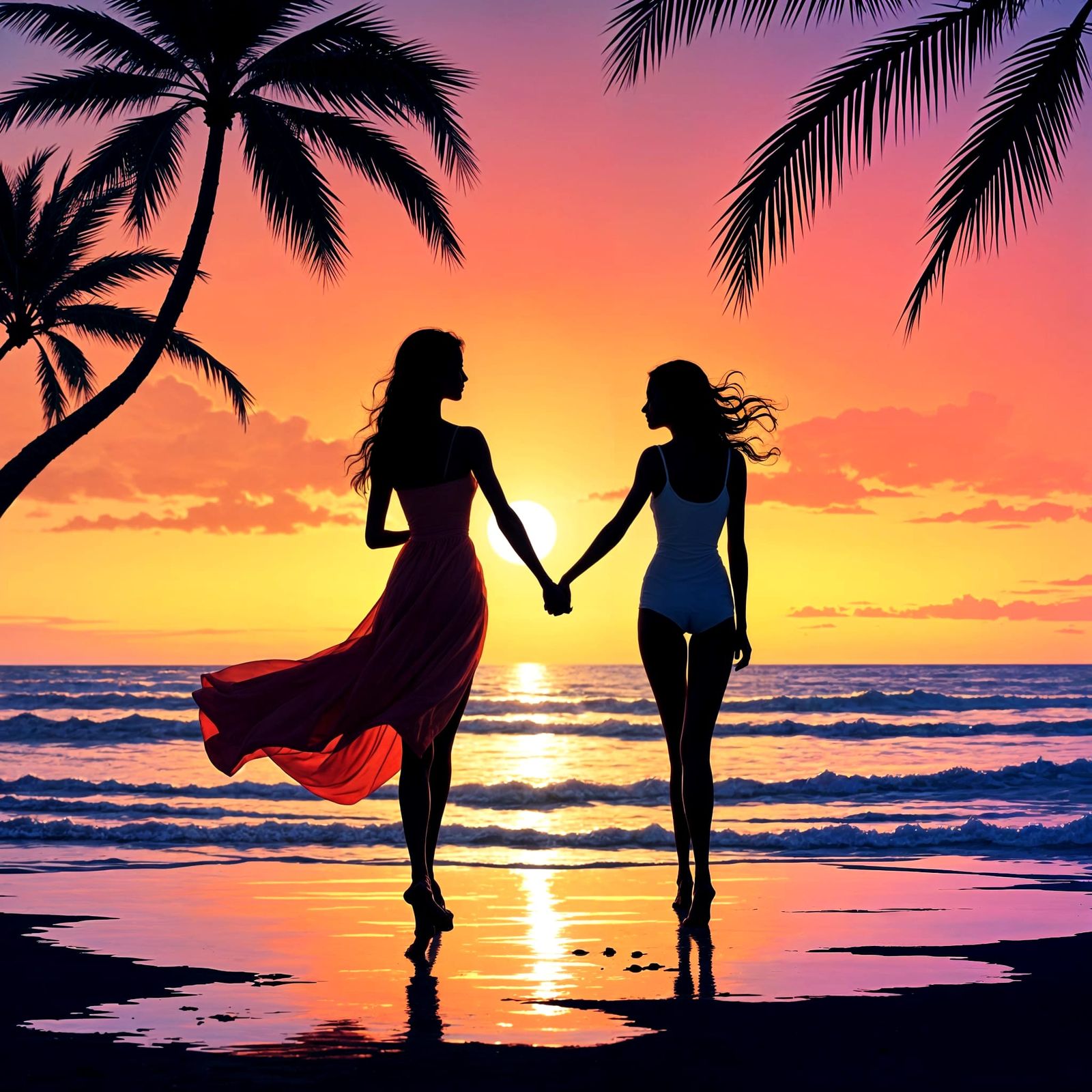 Two Women Embracing at Beach Sunset in Silhouette
