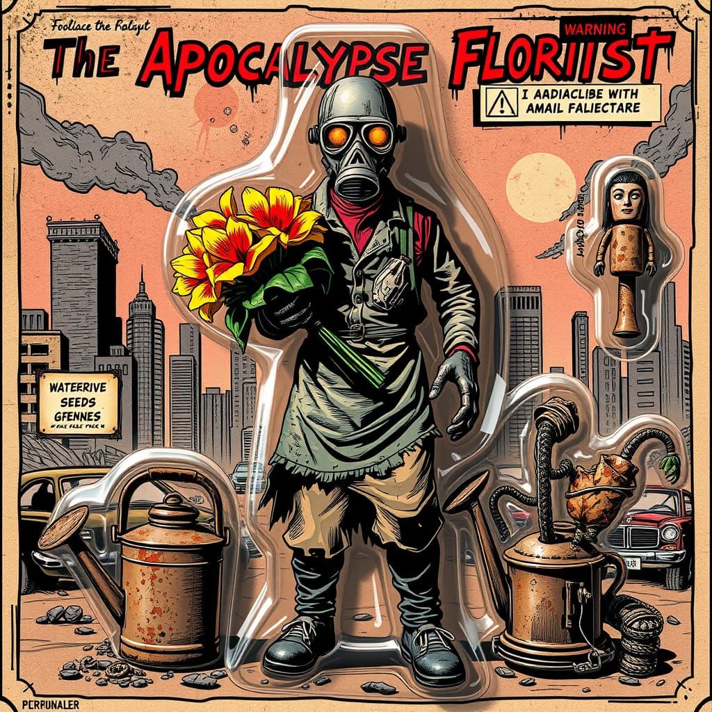 Collectible action figure of 'The Apocalypse Florist' inside a retro blister pack.