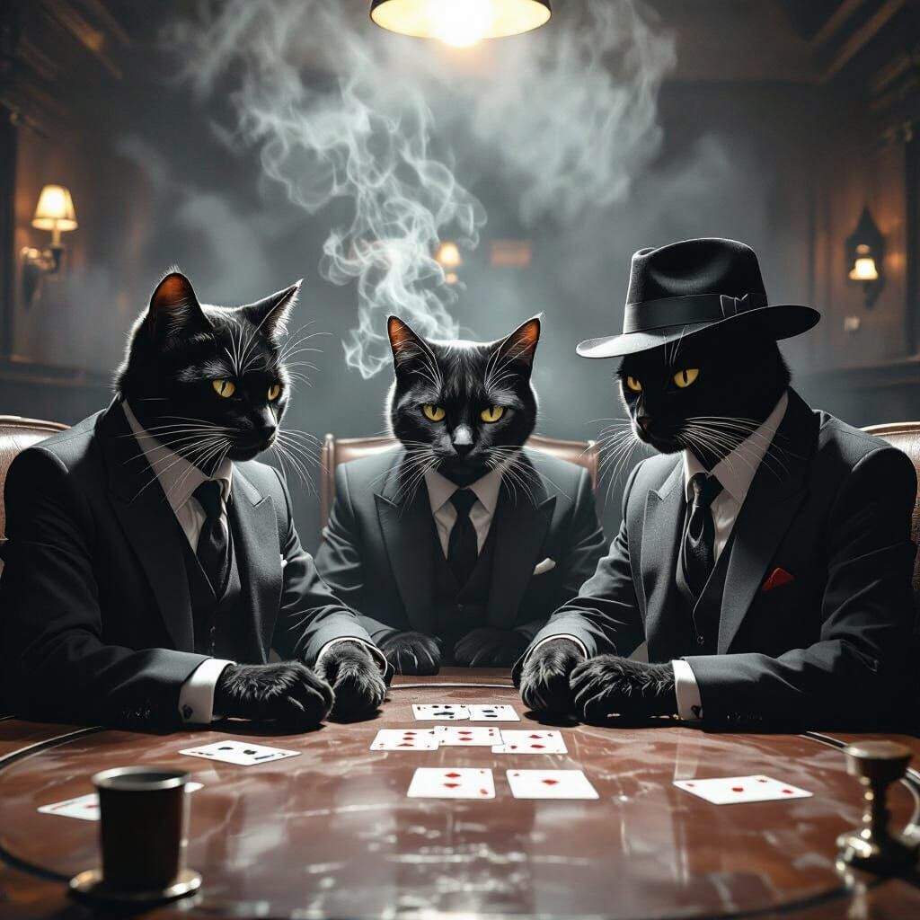 Cats Playing Poker in Dark Film Noir