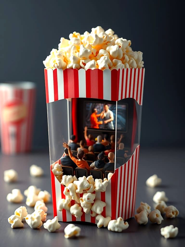 Hyperrealistic Popcorn Scene with Theatre Audience