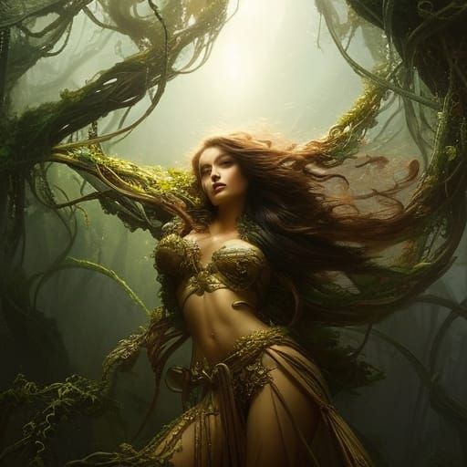Woman Trapped in Vines: Steampunk Horror Art