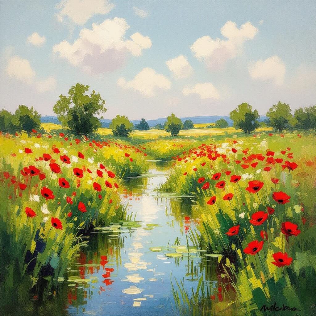 Monet-Style Poppies Field Oil Painting