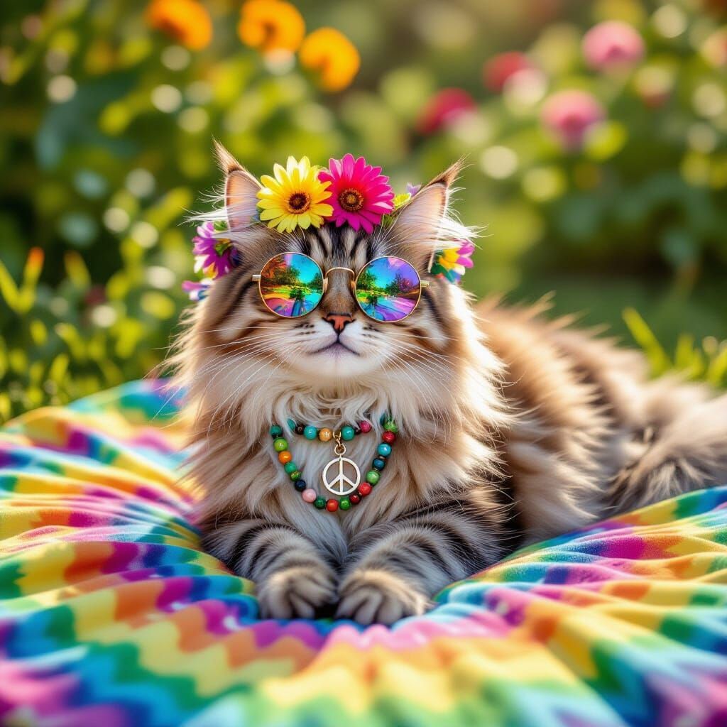 Hippie Cat with Sunglasses and Flower Crown