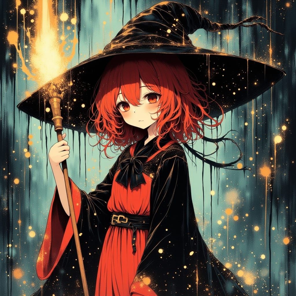 Cute Red-Haired Mage in 80s Anime Style