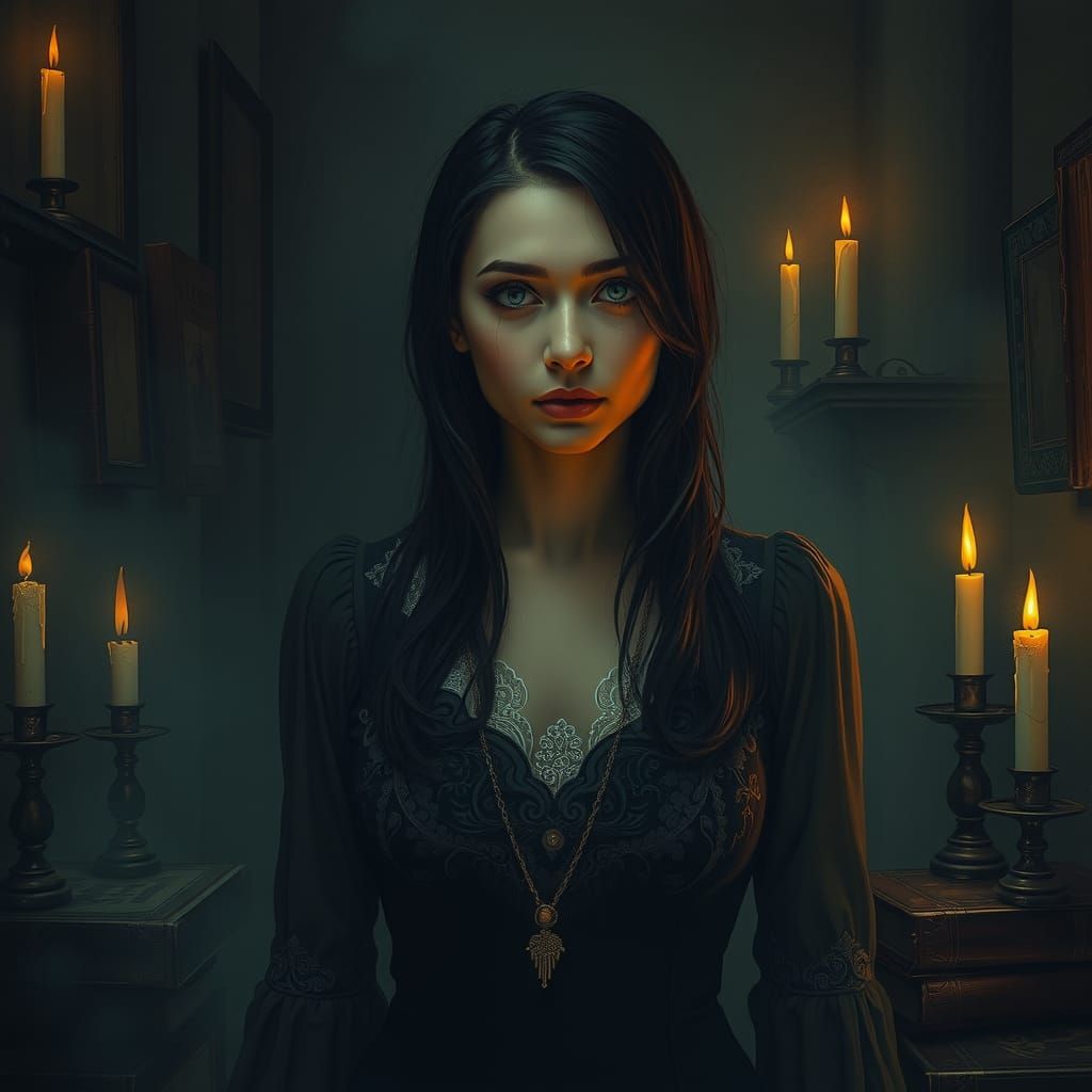 Melancholic Woman in Eerie Victorian Setting