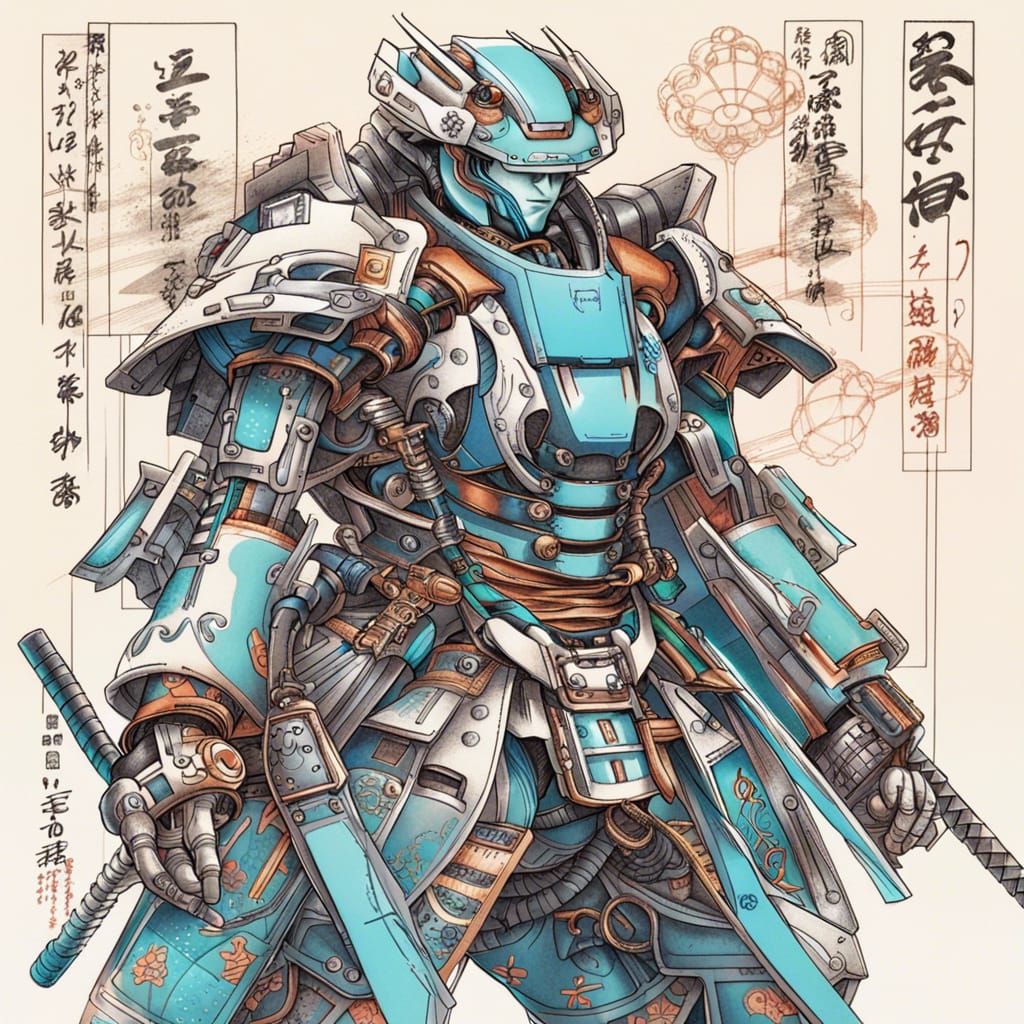 Robotic Mecha Samurai in Manga Style Sketch