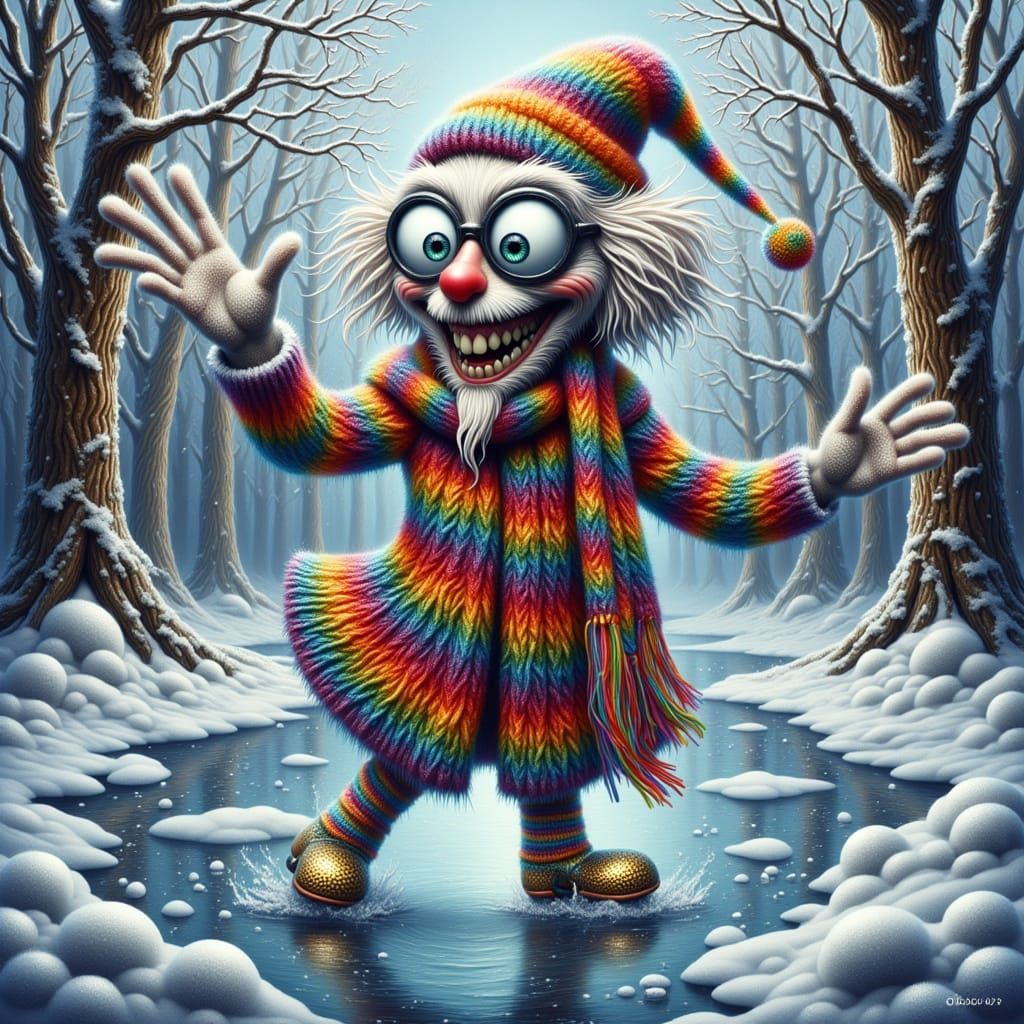 Whimsical Professor Ice Skating in Winter Forest