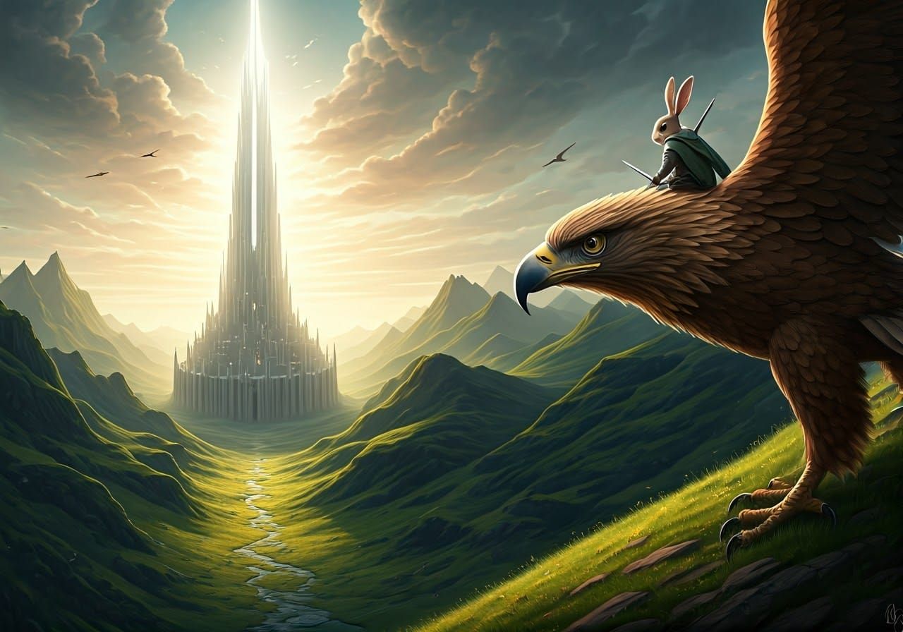 Ethereal White Tower in Serene Pelennor Fields Landscape