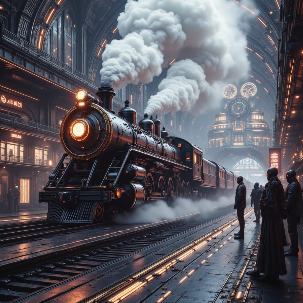 Futuristic Steam Train at Alien Station with Smoke City