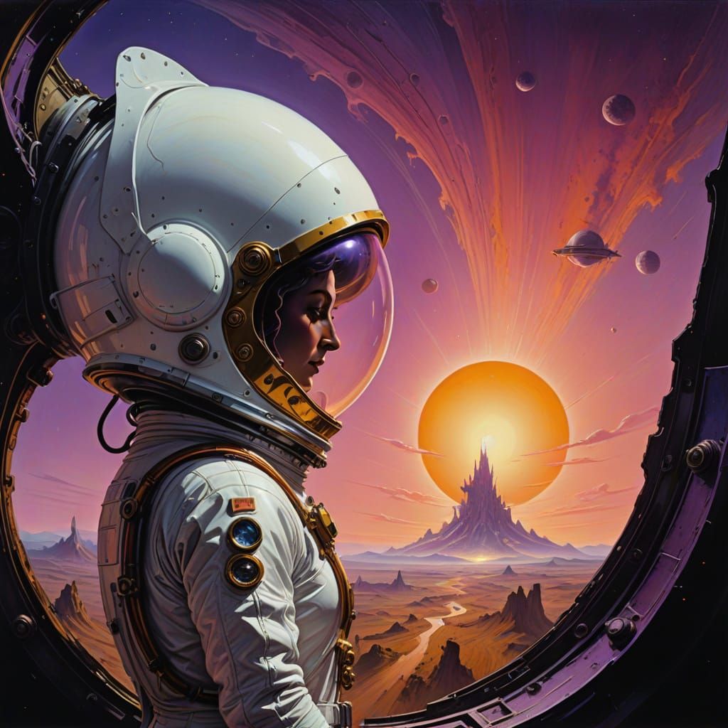 Surreal Female Astronaut Contemplates Alien Landscape