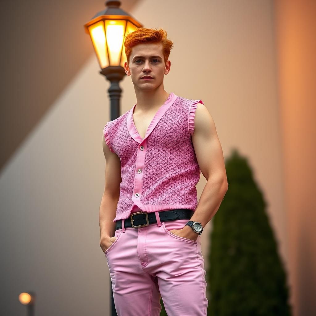 Redhead in Pink: 1950s Style Under Streetlight
