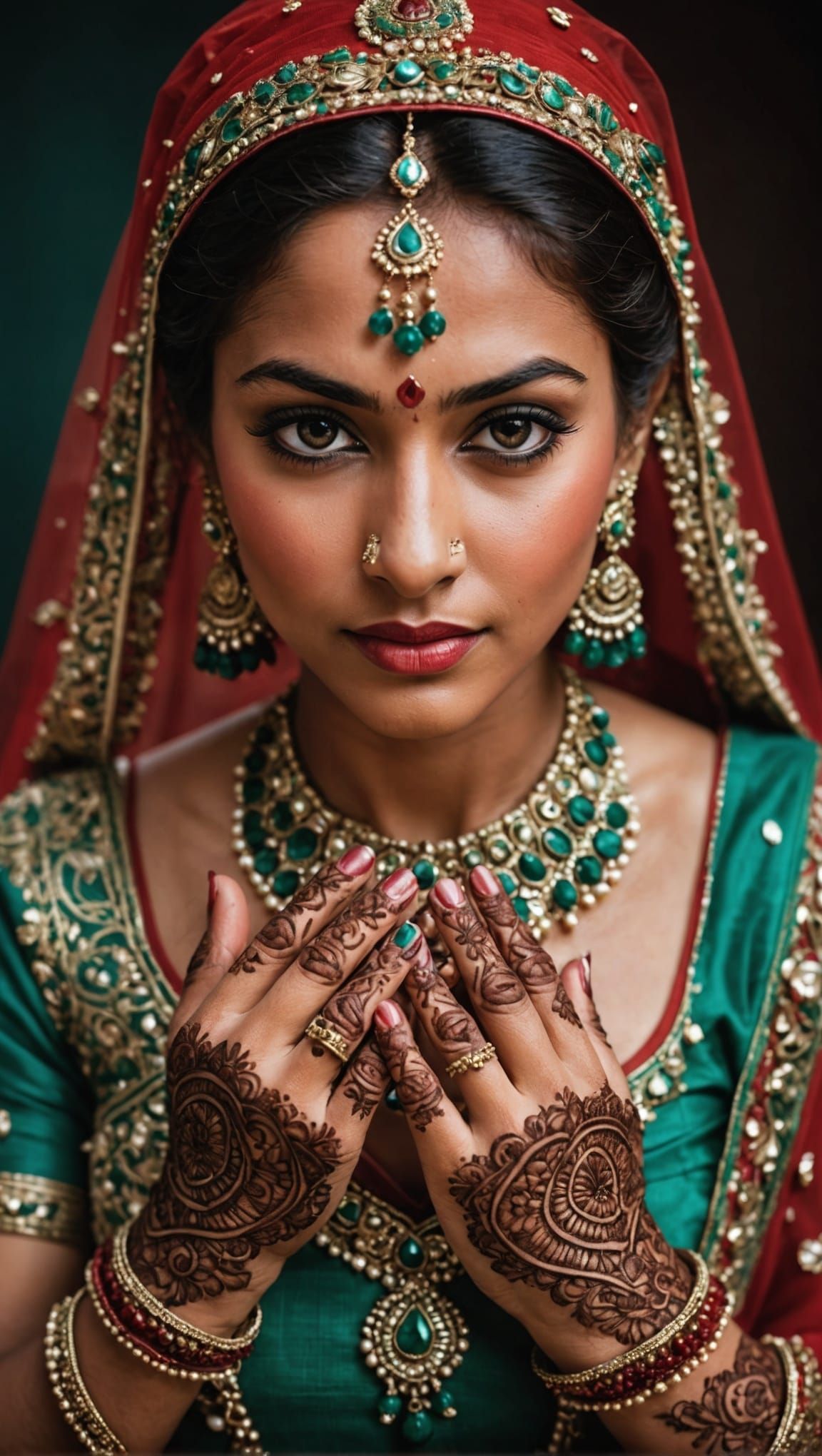Beautiful Indian Bride Portrait in Emerald and Red