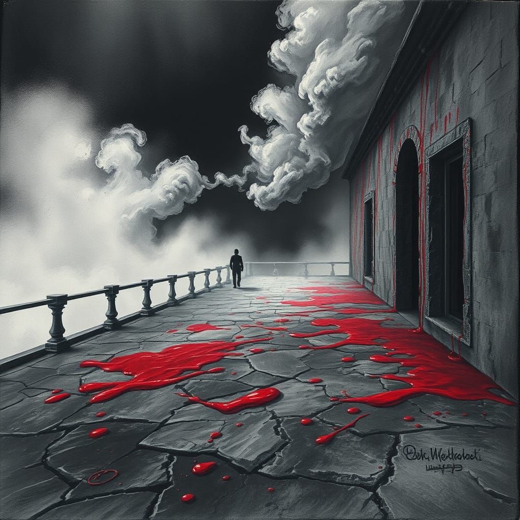 Dark Terrace with Red Liquid, Charcoal Drawing