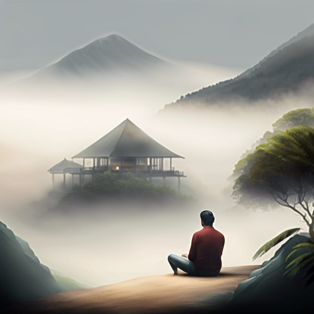Mountain View Cabana in Misty Landscape