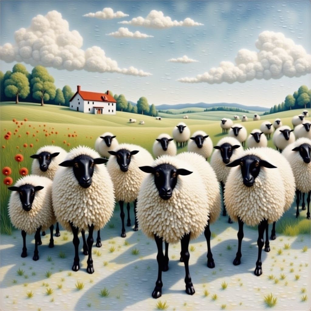 Detailed Sheep in Lush Meadow with Mixed Media Art Style
