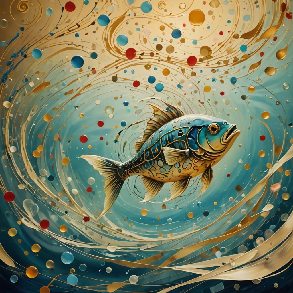 Fish Swims in Musical Vortex: Surreal Oil Painting