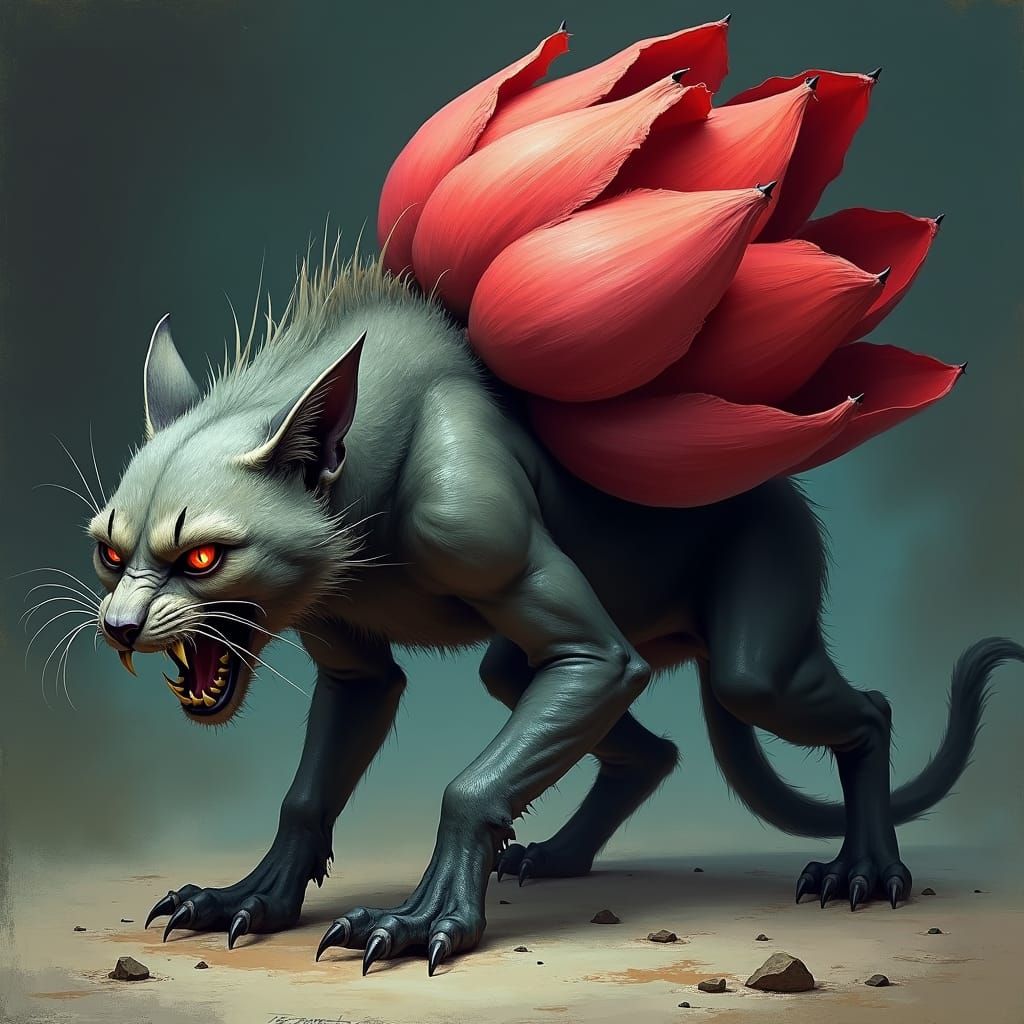 Menacing Feline with Tulip Bulb, Ominous Art Style