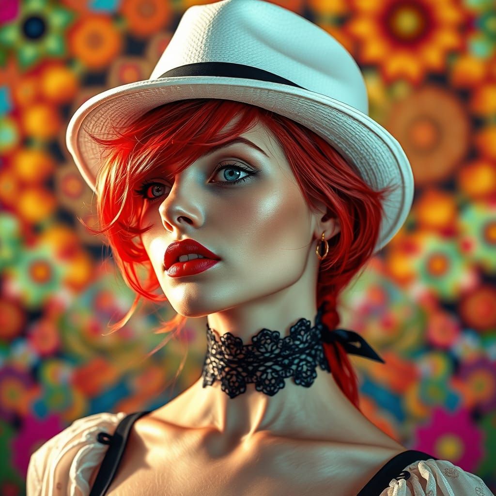 Hyperrealistic Woman with Red Hair and Kaleidoscopic Backgro...