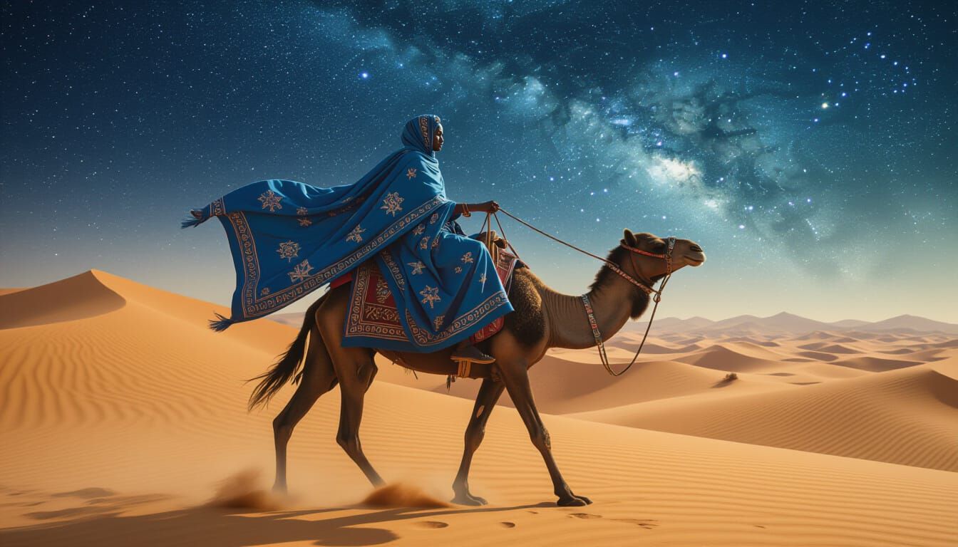 African Traveler Rides Creature Through Starry Desert Landsc...