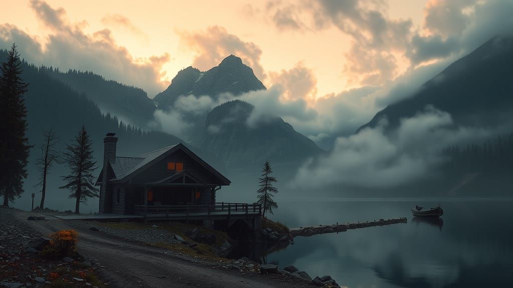 Misty Mountain Lake Cabin at Dawn: Digital Art