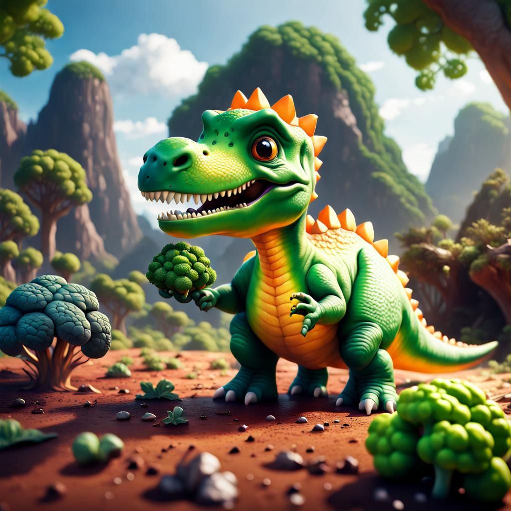 Cute Dinosaur Eating Broccoli: Detailed Matte Painting