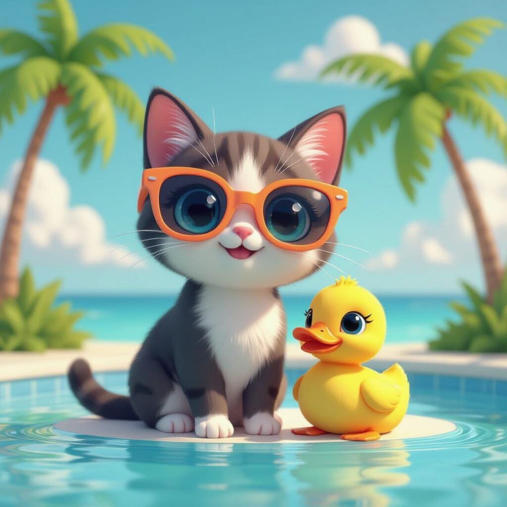 Cute Cat and Duckling in Kawaii 3D Style