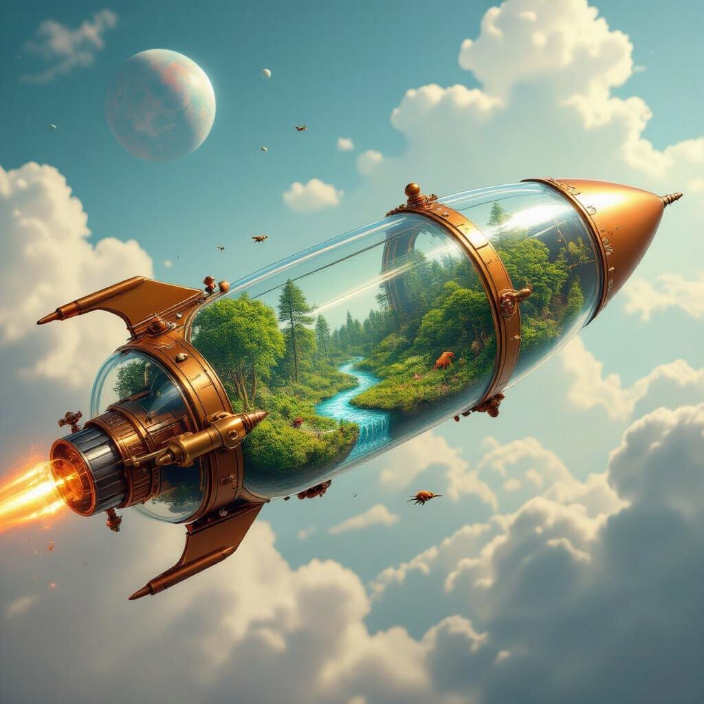Steampunk Rocket Drifting Through Space