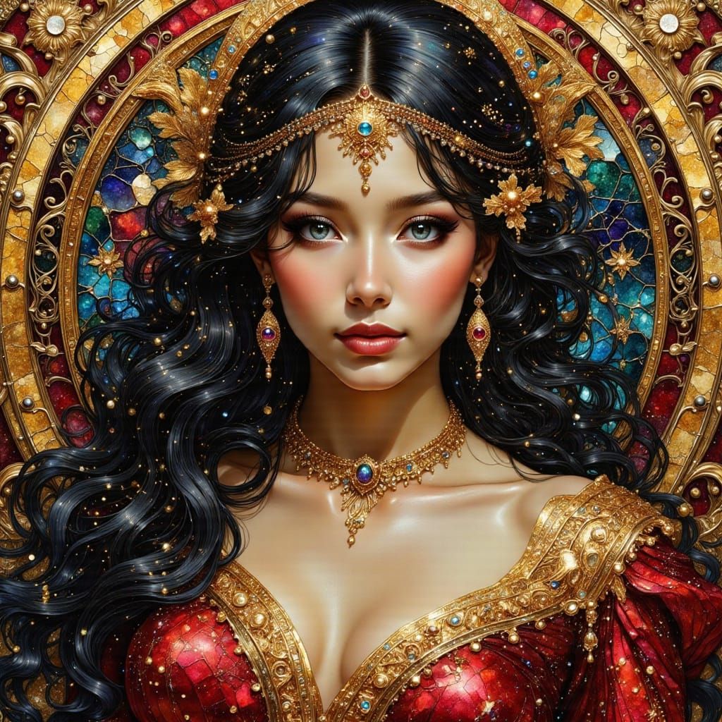 Beautiful Woman in Art Nouveau Portrait with Gold Accents