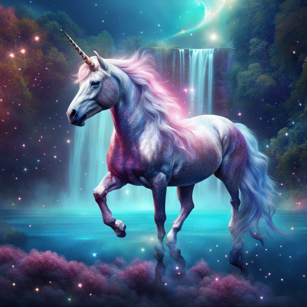 Glitter Unicorn in Sparkly Waterfall Lagoon