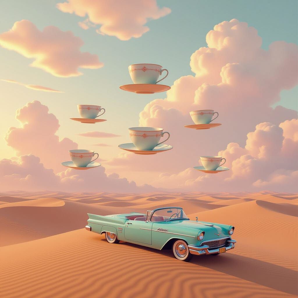 Surreal Dreamscape: Floating Teacups and Vintage Car on Dese...