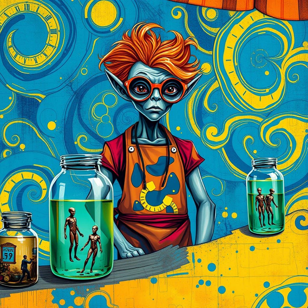 Alien Vendor Selling Humans: Psychedelic Market Stall