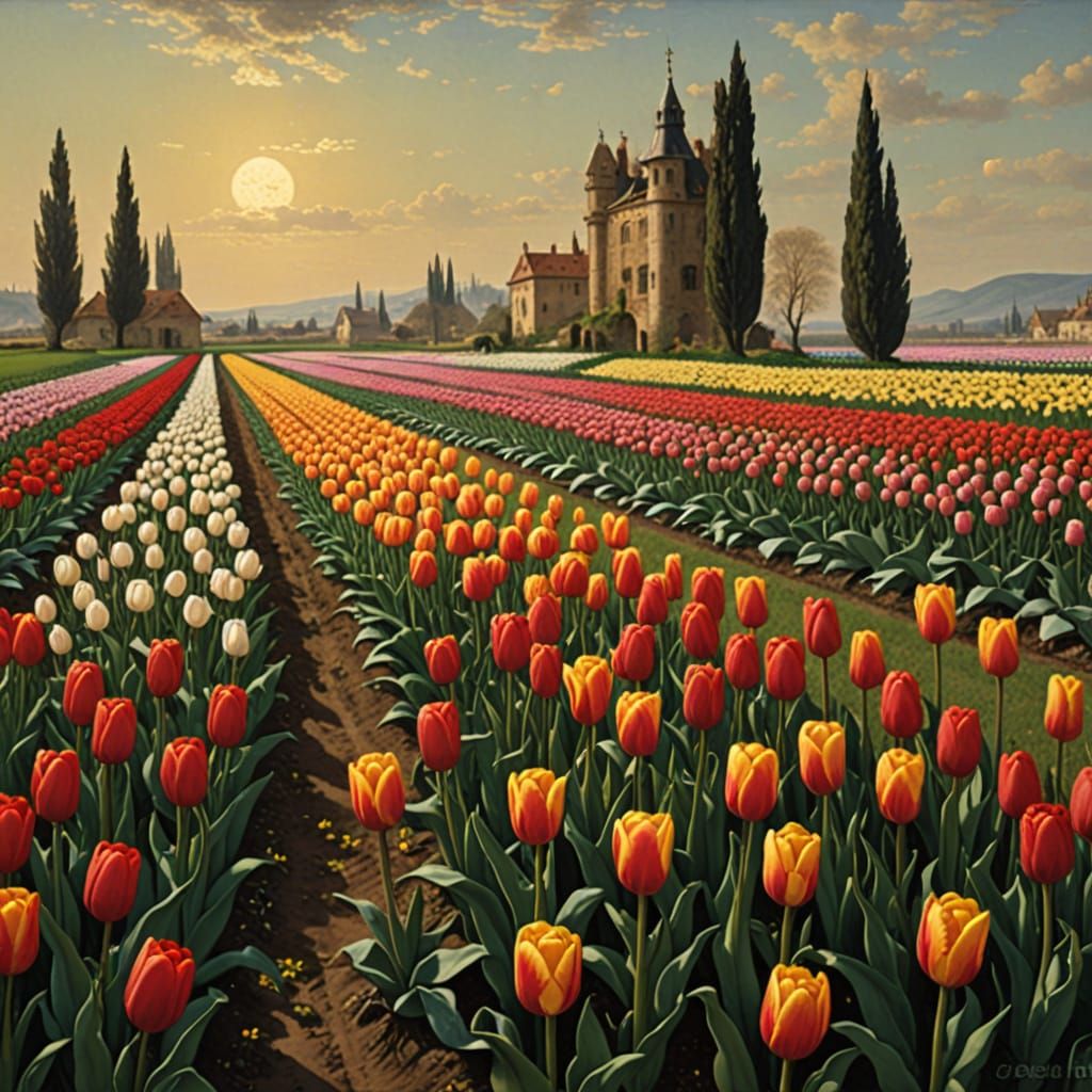 Vibrant Tulip Field Inspired by Academic Painting