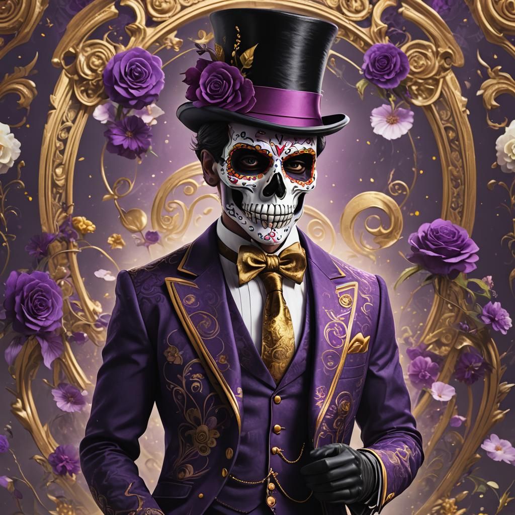 Sugar Skull Man in Floral Tuxedo, Detailed Digital Art