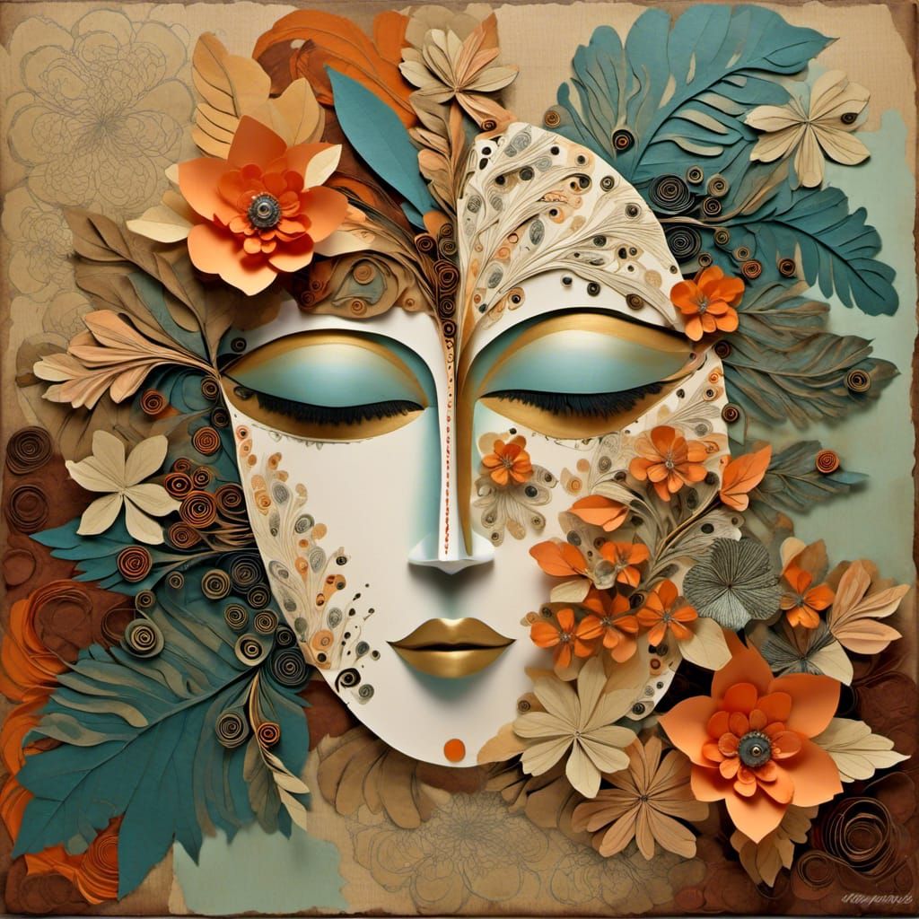 Surreal Cubist Face with Botanical Collage Elements