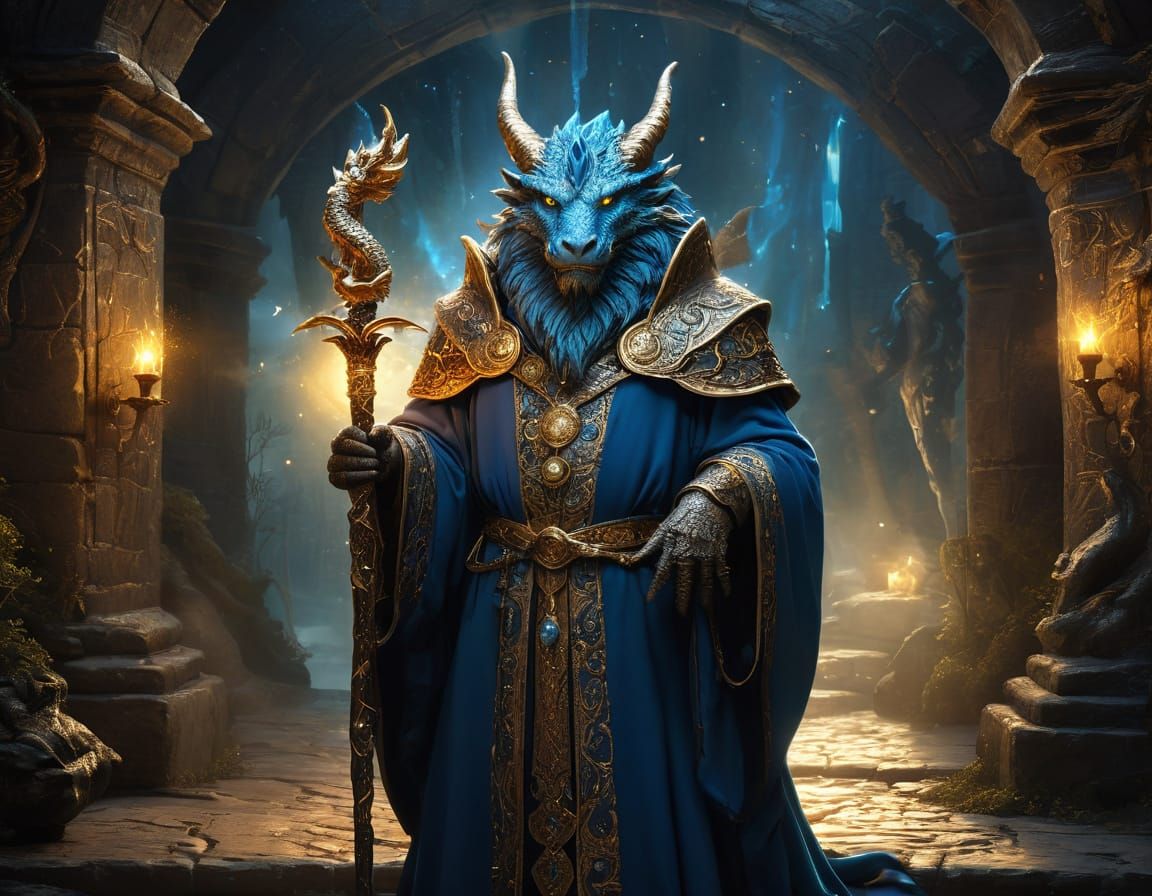 Wizard in Celestial Robes, Surrounded by Treasure, in Vibran...