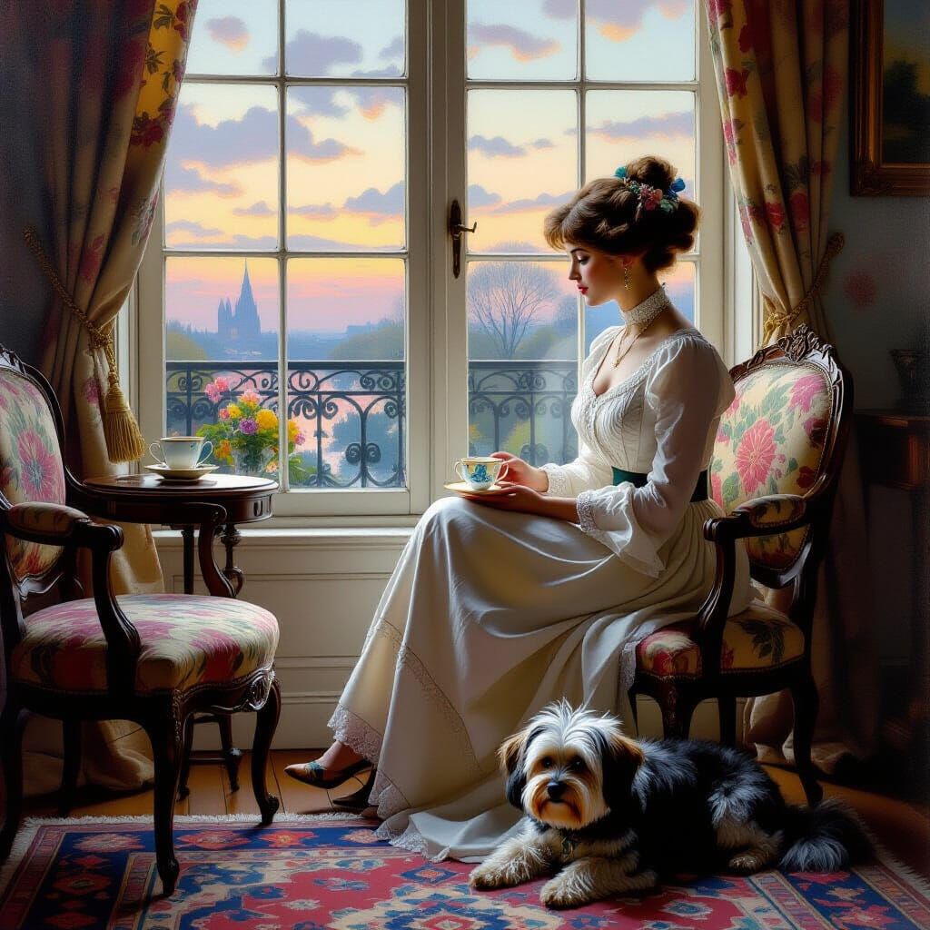 1910 Twilight Scene: Lady by Window, Impressionistic Style