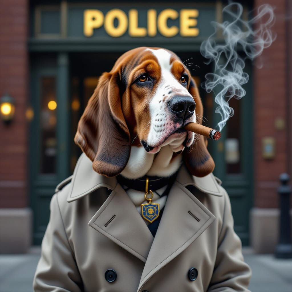 Detective Basset Hound Smoking Cigar at Police Station