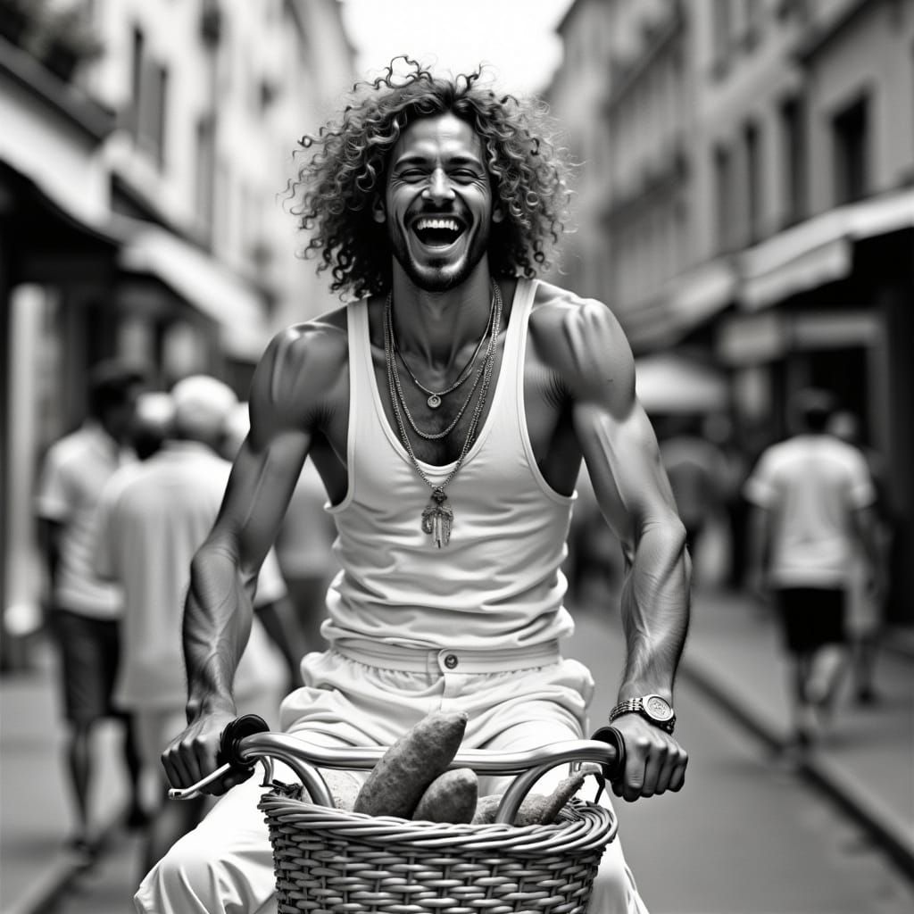 Baker Pedaling Bread on Bicycle in Charcoal Style