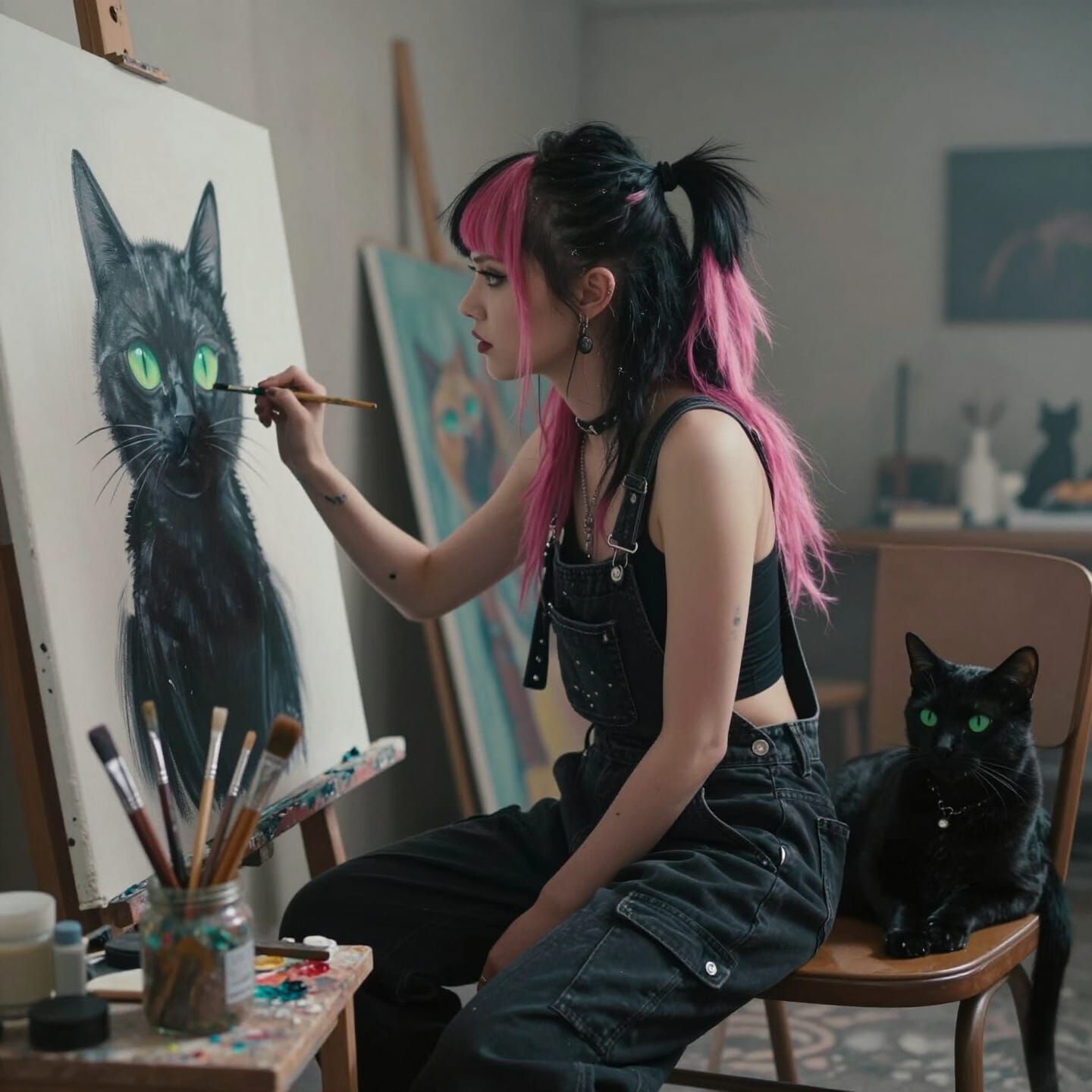 Punk Artist Paints Black Cat in Studio
