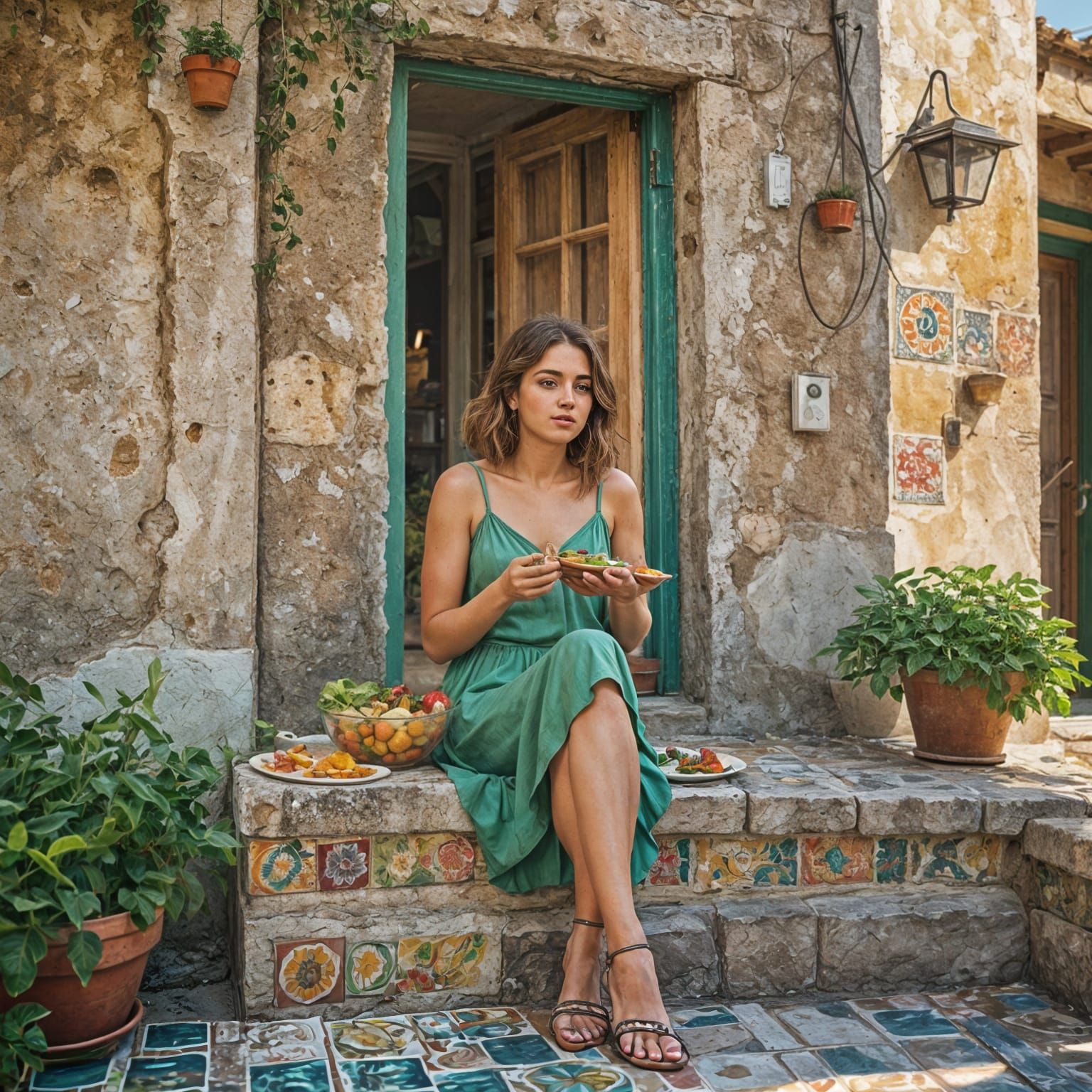 Italian Woman Enjoying Salad: Detailed Digital Matte Paintin...