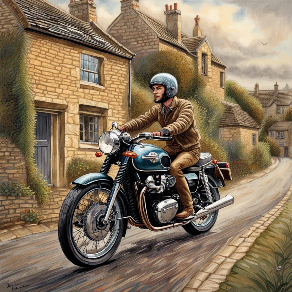 Man Rides Triumph Bonneville Through Cotswold Village